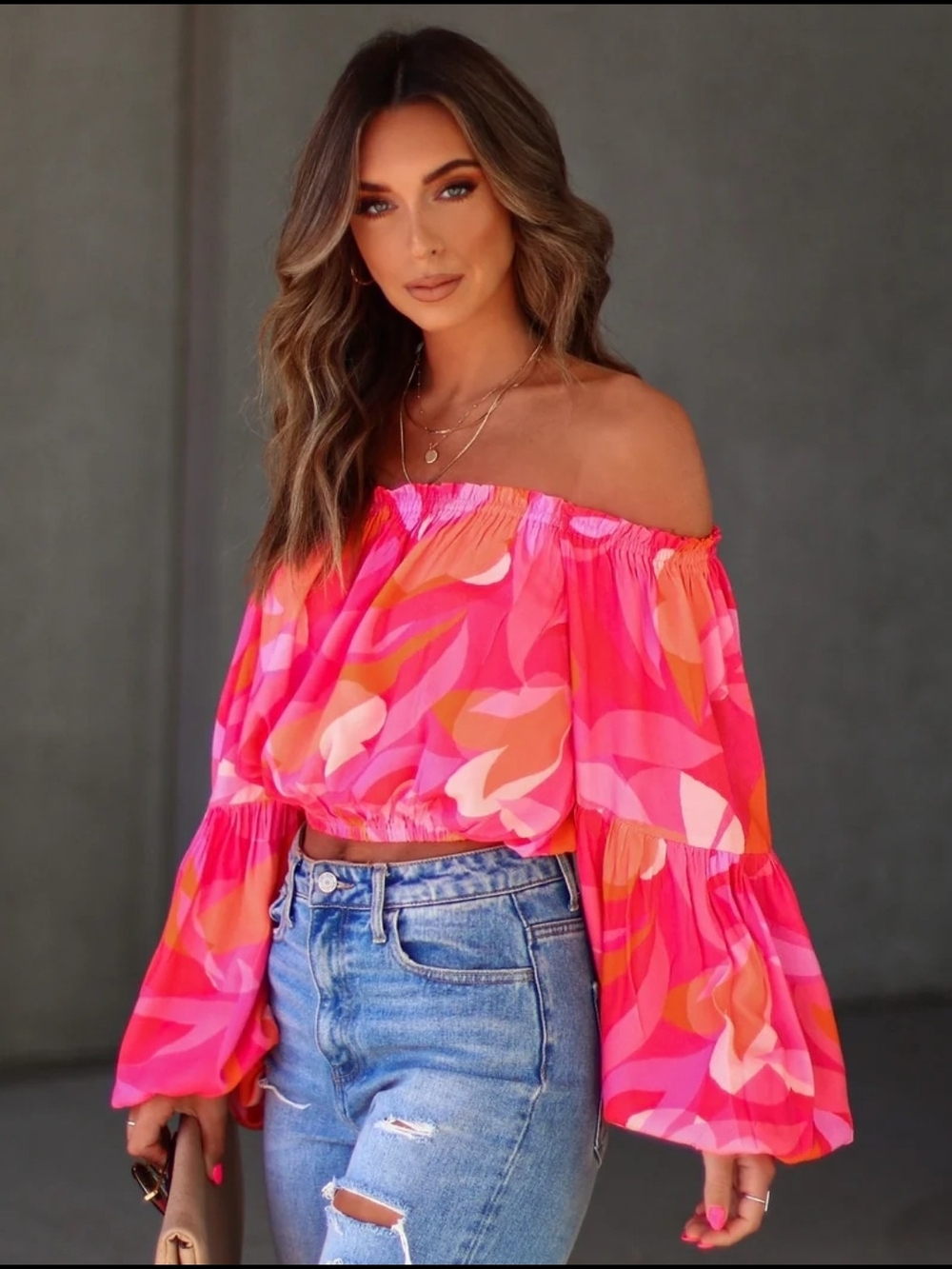 Off-Shoulder Pink & Orange Printed Crop Top